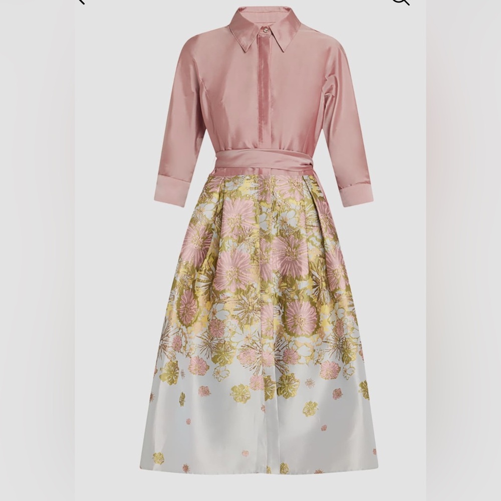 Rickie Freeman for Teri Jon Pink and Gold Floral Midi Dress